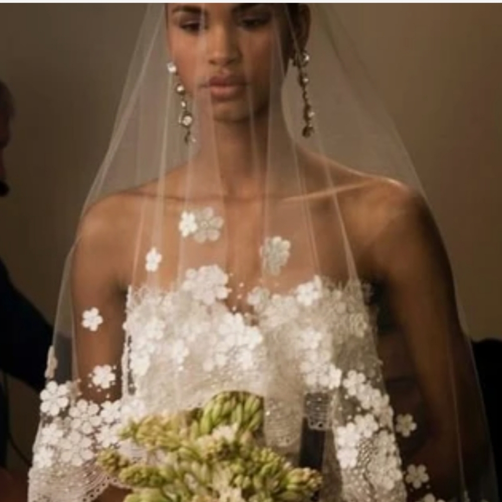 Laced edged chapel length veil in creamy white with floral and lace